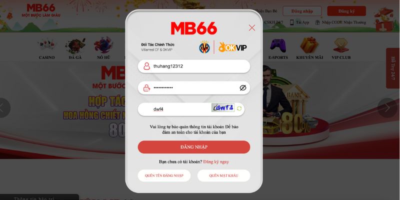 Giao diện đăng nhập MB66 trên website máy tính