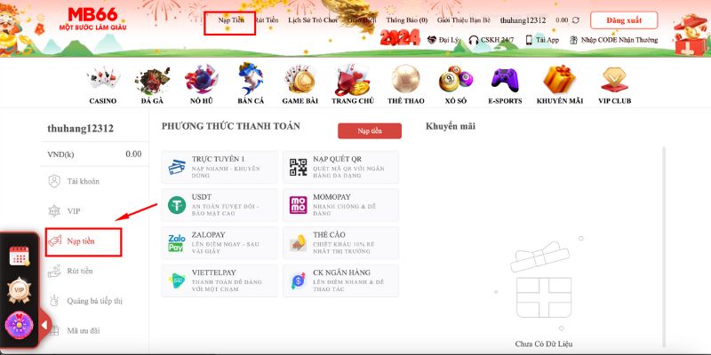 Giao diện nạp tiền tại sân chơi MB66