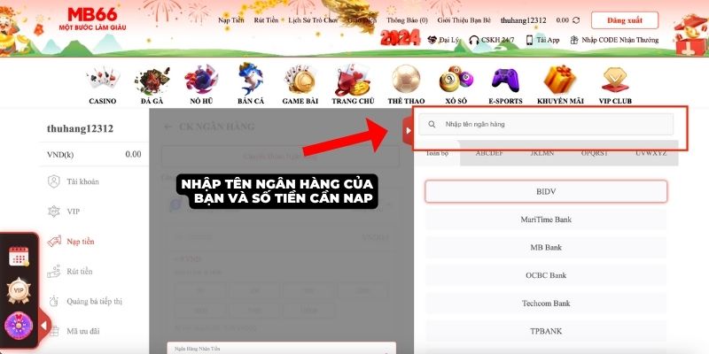Cách nạp tiền MB66 qua chuyển khoản ngân hàng