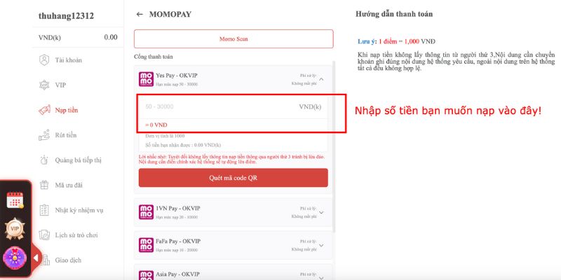 Cách nhập số tiền cần nạp trên Ví Momo