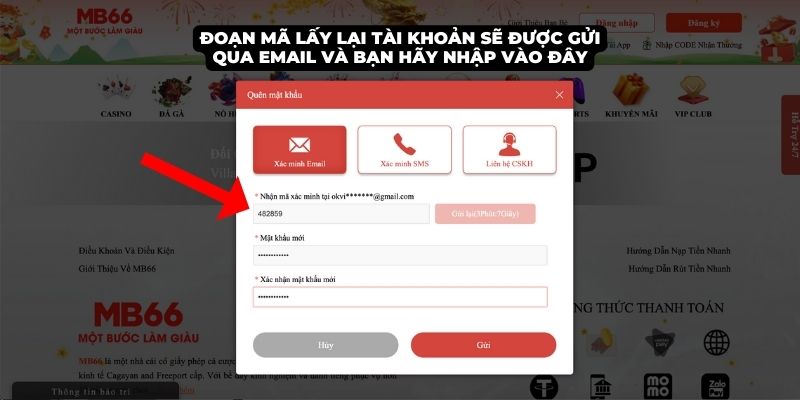 Điền mã xác minh được gửi qua email vào ô như minh họa