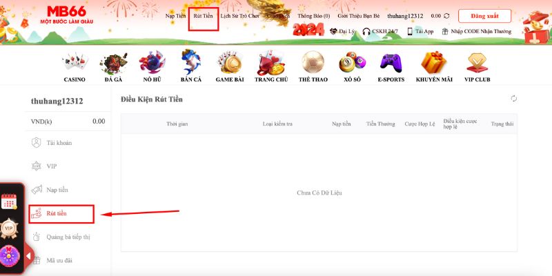 Giao diện các nút hướng dẫn rút tiền tại sân chơi